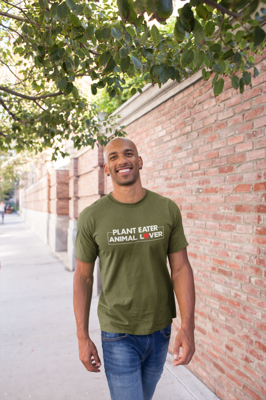 T-shirt 'Plant eater - Animal lover' - kaki (heren)