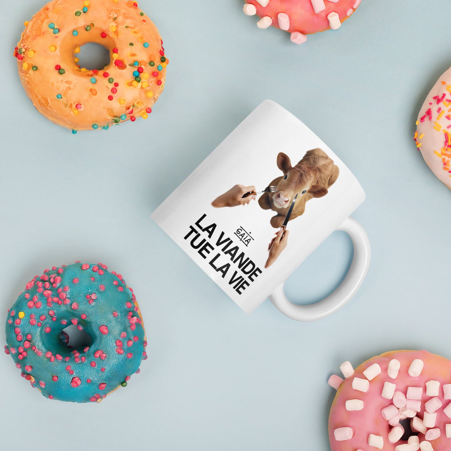 White mug "Meat kills life" (FR)