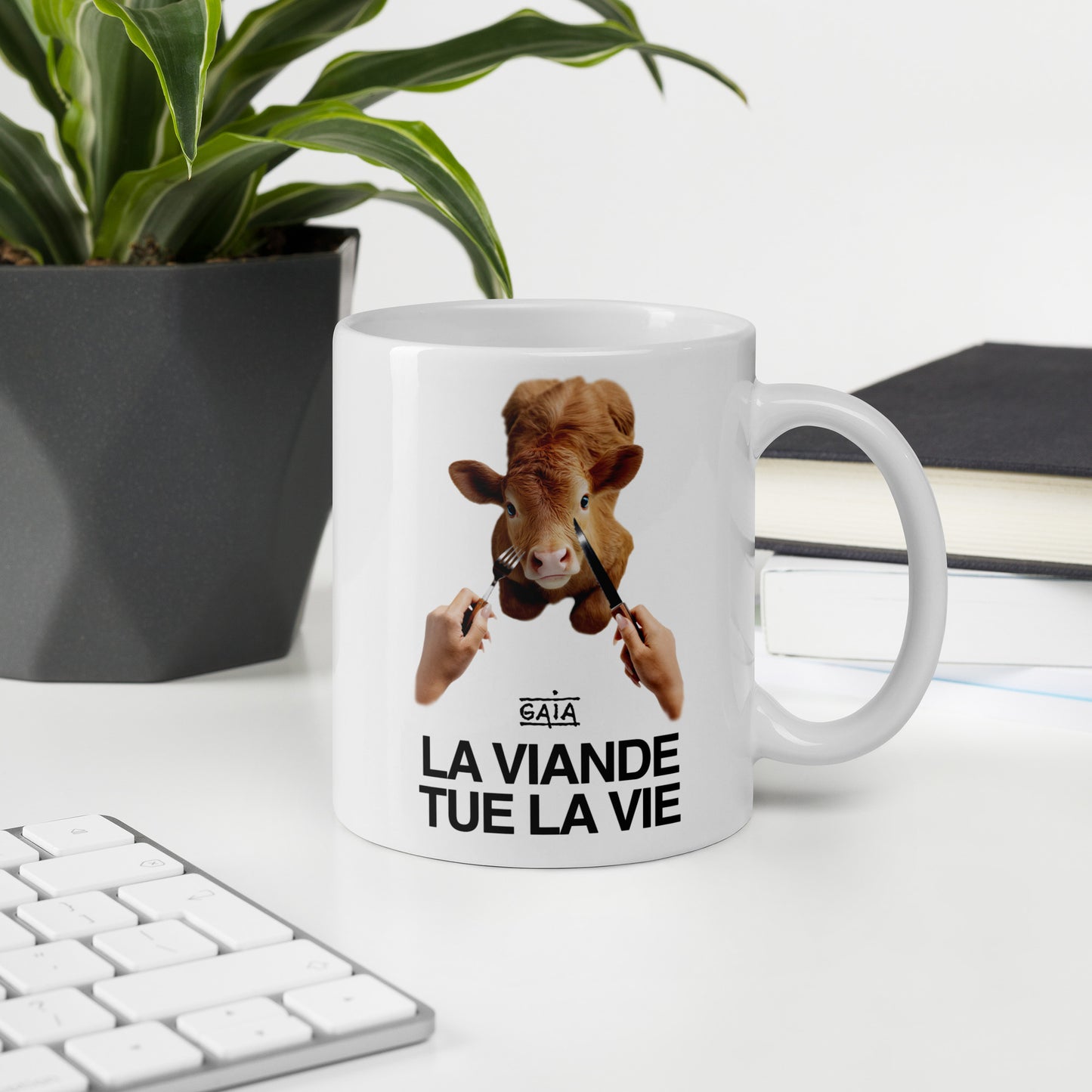 White mug "Meat kills life" (FR)