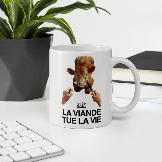 White mug "Meat kills life" (FR)